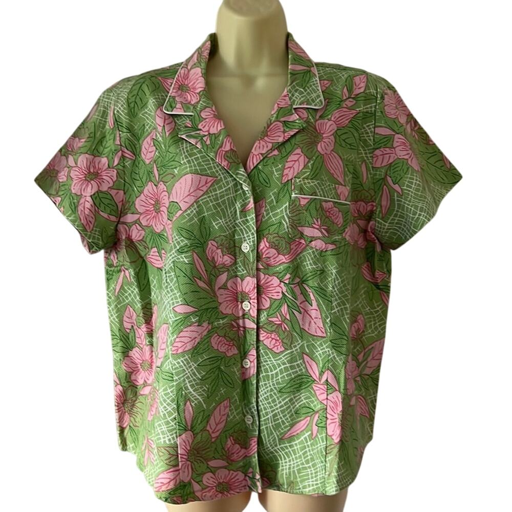 Sag harbor Sport Green & Pink Floral Print Blouse Woman Size 14 Cotton Pique